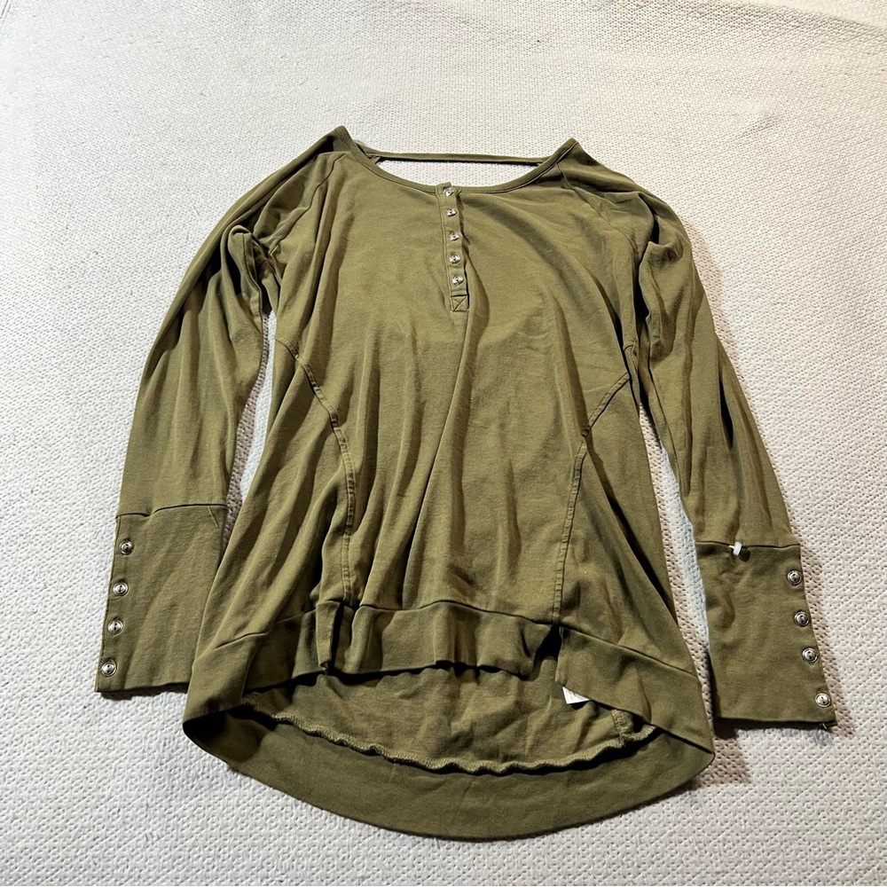 Chaser Khaki Olive Green Henley Long Sleeve 100% Cotton Knit Top T-Shirt Large